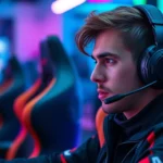 Professional esports player in gaming chair, intense focused expression, RGB lighting setup, competitive gaming environment, photorealistic