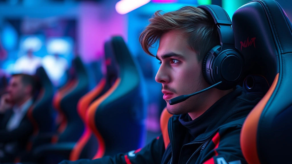 Professional esports player in gaming chair, intense focused expression, RGB lighting setup, competitive gaming environment, photorealistic