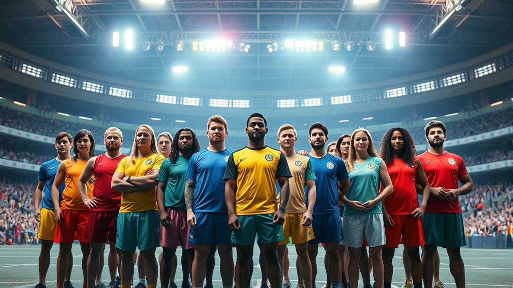 Diverse group of contestants in colorful athletic wear standing in stadium formation, dramatic overhead lighting, anticipatory tension, cinematic composition