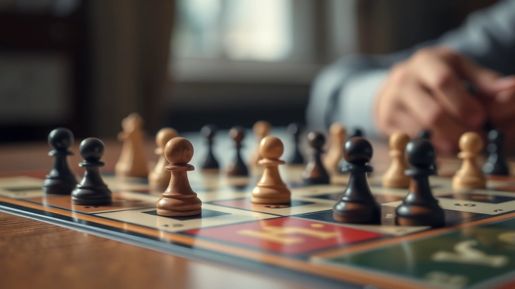 Close-up of strategic board game pieces positioned on wooden table, natural lighting, competitive setup, depth of field focus on pieces
