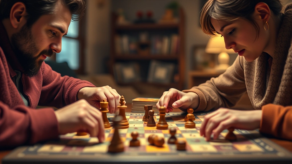 Two players intensely focused on a strategic board game with wooden pieces and colorful game board, warm lighting in a cozy game room, photorealistic style, close-up perspective