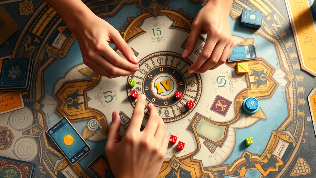 Overhead shot of two players' hands moving game tokens across an intricate game board with cards and dice scattered around, vibrant board design, natural daylight, detailed photorealistic rendering