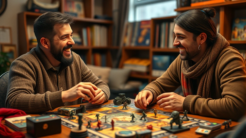 Couple laughing together while playing a cooperative board game, surrounded by game components and miniatures, cozy indoor setting with board game shelves in background, warm ambiance, photorealistic