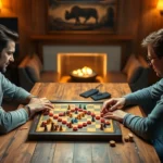 Two players sitting at a wooden table intensely focused on a strategic board game with colorful wooden pieces, warm lighting from above, sophisticated home gaming setup