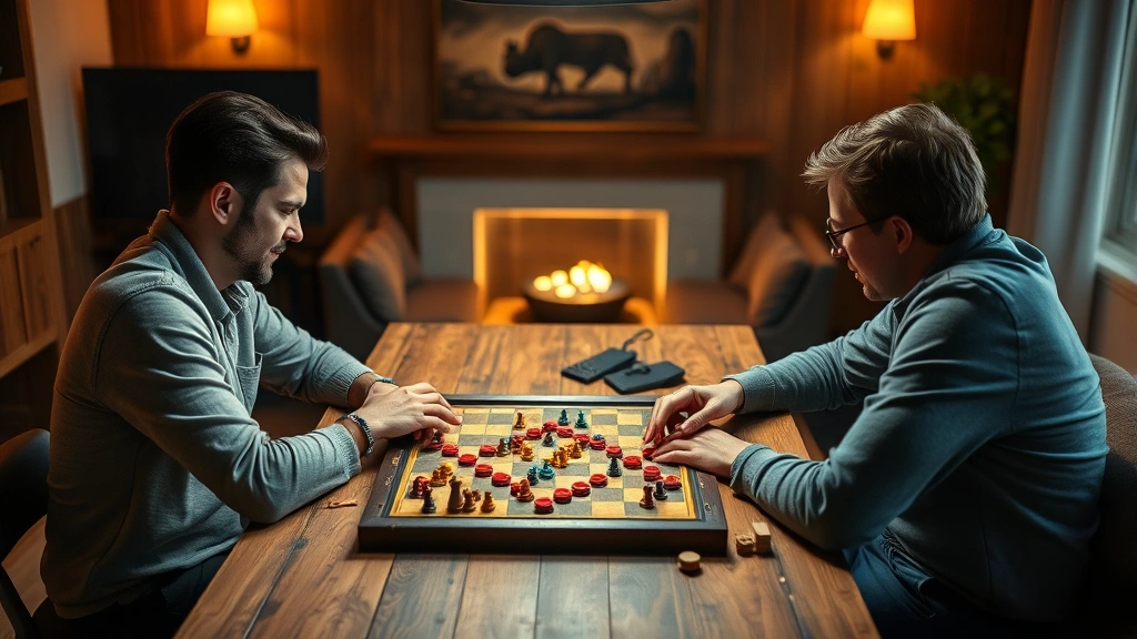 Two players sitting at a wooden table intensely focused on a strategic board game with colorful wooden pieces, warm lighting from above, sophisticated home gaming setup