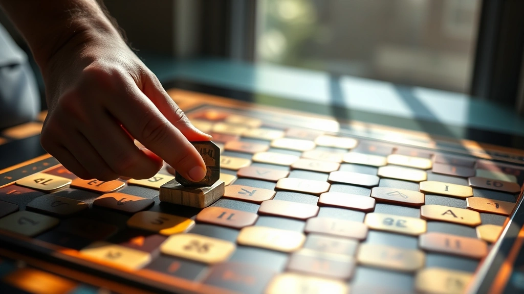 Close-up of hands placing hexagonal tiles on a growing abstract board game, natural daylight streaming through window, detailed component photography showing game quality