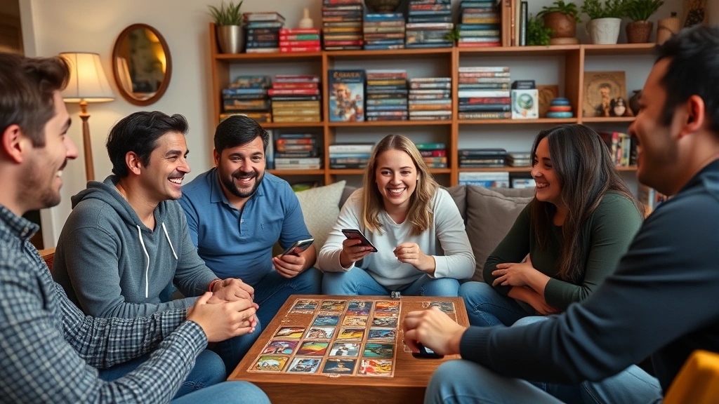 Diverse group of friends laughing while playing card-based board game in cozy living room, board game boxes stacked on shelf in background, casual gaming atmosphere