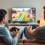 Two gamers sitting on couch playing PlayStation 5 together, holding controllers, focused expressions, colorful game world visible on TV screen behind them, modern living room setting, warm lighting, photorealistic