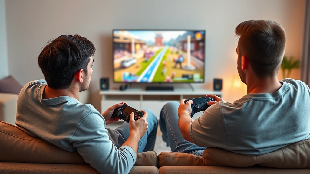 Two gamers sitting on couch playing PlayStation 5 together, holding controllers, focused expressions, colorful game world visible on TV screen behind them, modern living room setting, warm lighting, photorealistic
