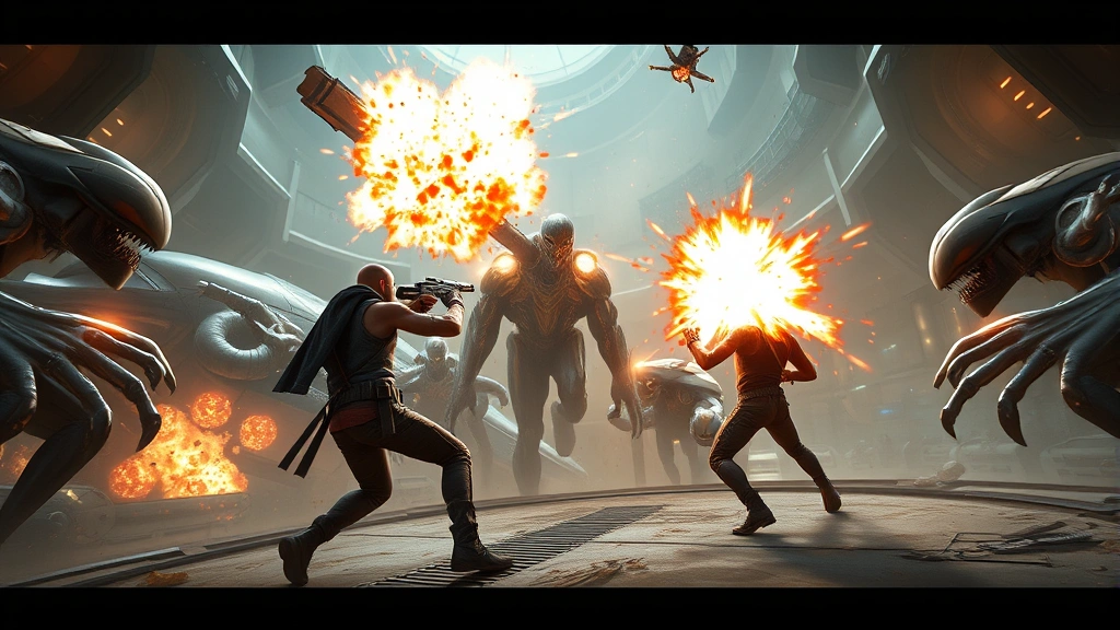 Action-packed gameplay showing two characters fighting alien creatures in futuristic sci-fi environment, intense combat scene with explosions and tactical positioning, dynamic lighting and detailed textures, photorealistic video game screenshot style