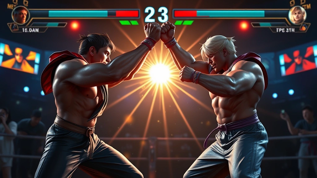 Two players celebrating victory in split-screen competitive fighting game interface, triumphant poses mid-fight with energy effects, dramatic lighting highlighting character models, intense competitive gaming moment captured photorealistically