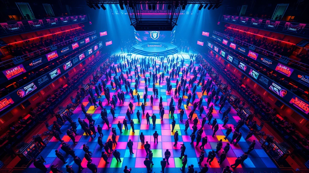 Cinematic overhead shot of a massive gaming arena with hundreds of players standing on a colorful floor in perfect grid formation, neon lighting, dystopian aesthetic, photorealistic, no UI elements