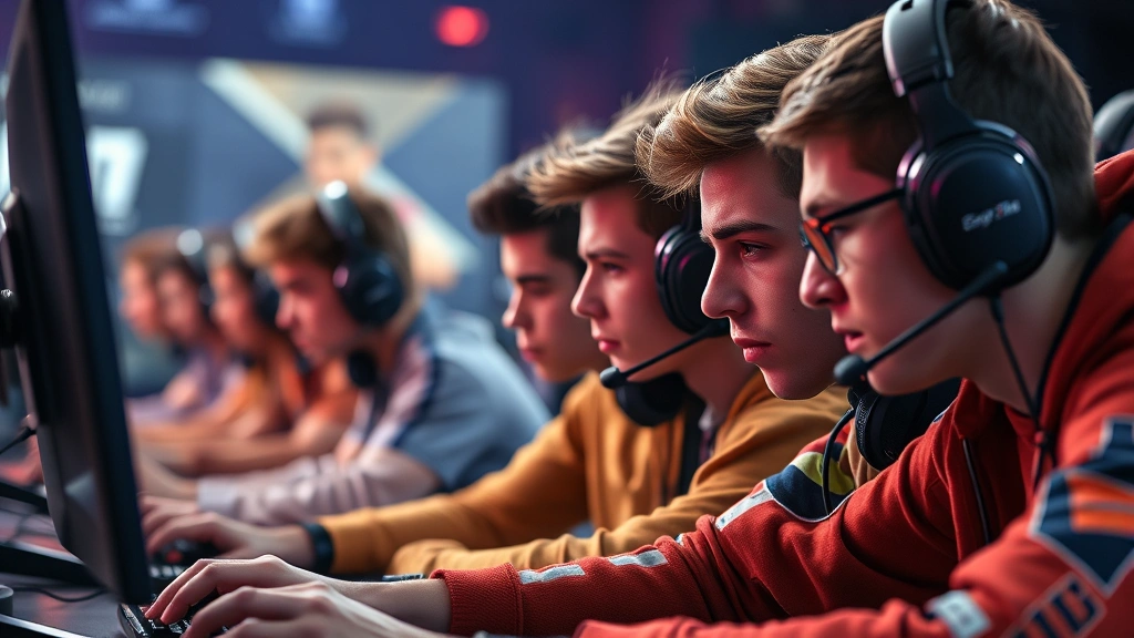 Close-up of diverse gamers competing intensely at gaming stations with controllers and headsets, dramatic lighting, focused expressions, professional esports setting, photorealistic detail