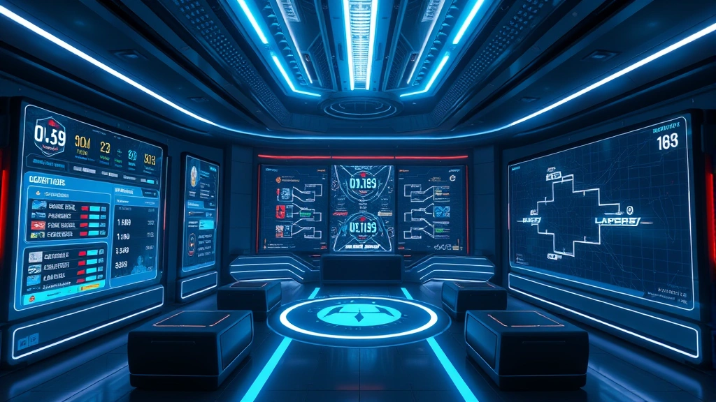 Futuristic game lobby interface visualization showing player statistics, ranking boards, and competition brackets displayed on holographic displays in a sleek digital environment, no readable text or game menus