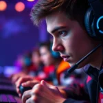 Professional esports player intense focus during competitive gaming tournament, RGB lighting setup, dramatic gaming moment captured, photorealistic detail of hands on controller