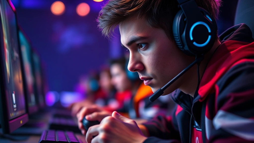 Professional esports player intense focus during competitive gaming tournament, RGB lighting setup, dramatic gaming moment captured, photorealistic detail of hands on controller