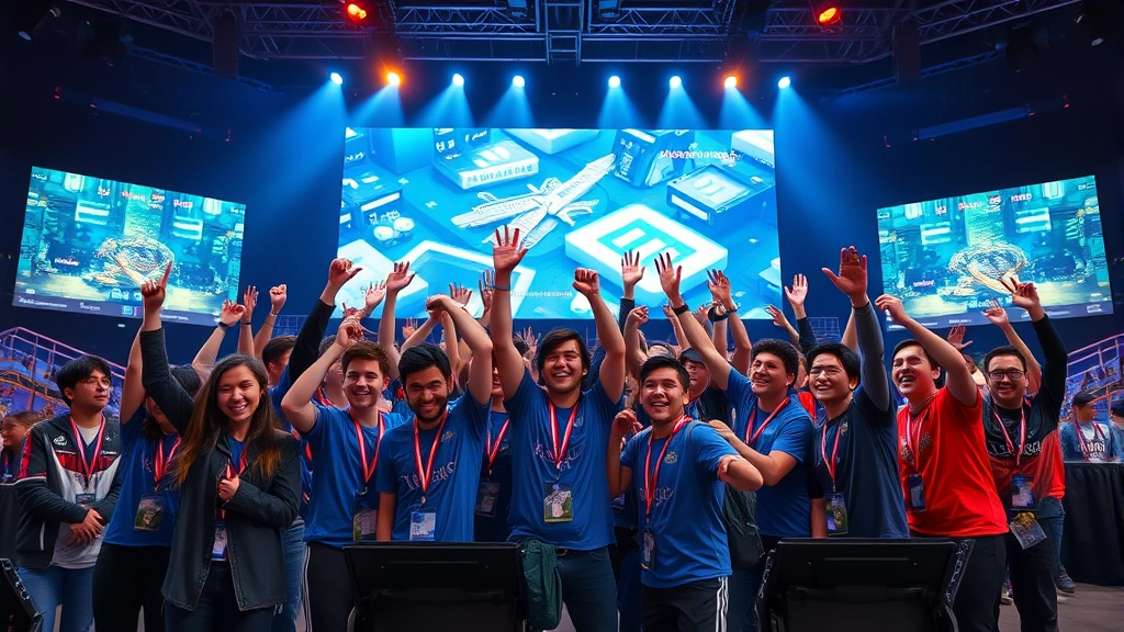 Diverse team of gamers celebrating victory on large tournament stage with LED screens showing gameplay, energetic competitive gaming atmosphere, photorealistic esports event