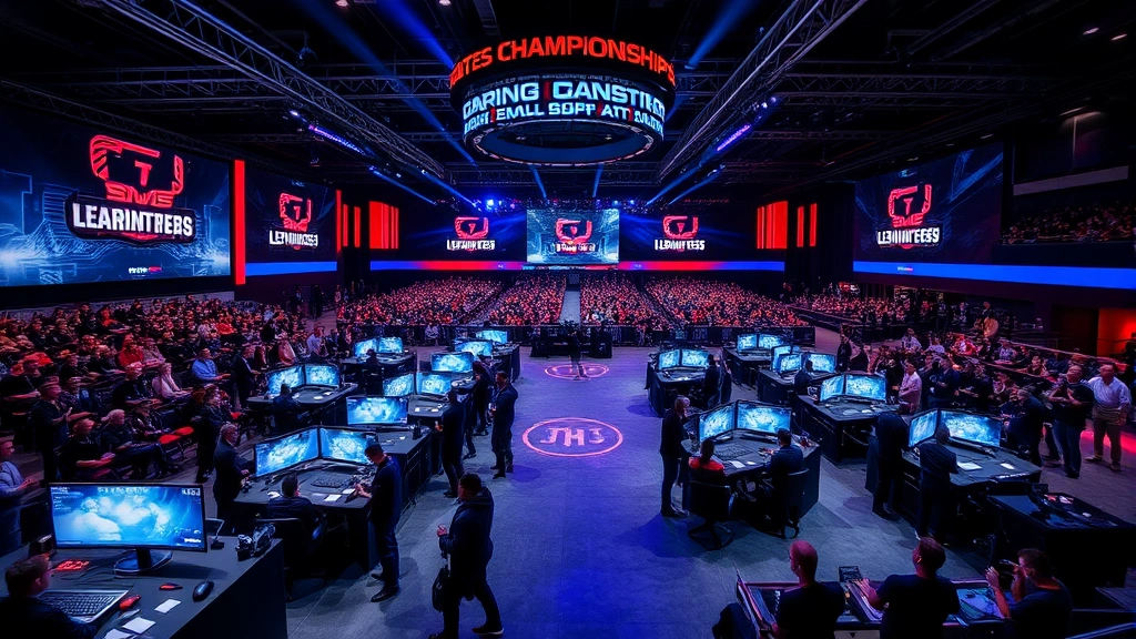 Championship gaming arena with multiple competitive stations, spectators watching intense matches, professional tournament environment with dramatic lighting and energy