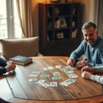 Three friends sitting around wooden table playing card games in warm living room lighting, cards spread across table, focused expressions and smiles, casual comfortable atmosphere, real photography style