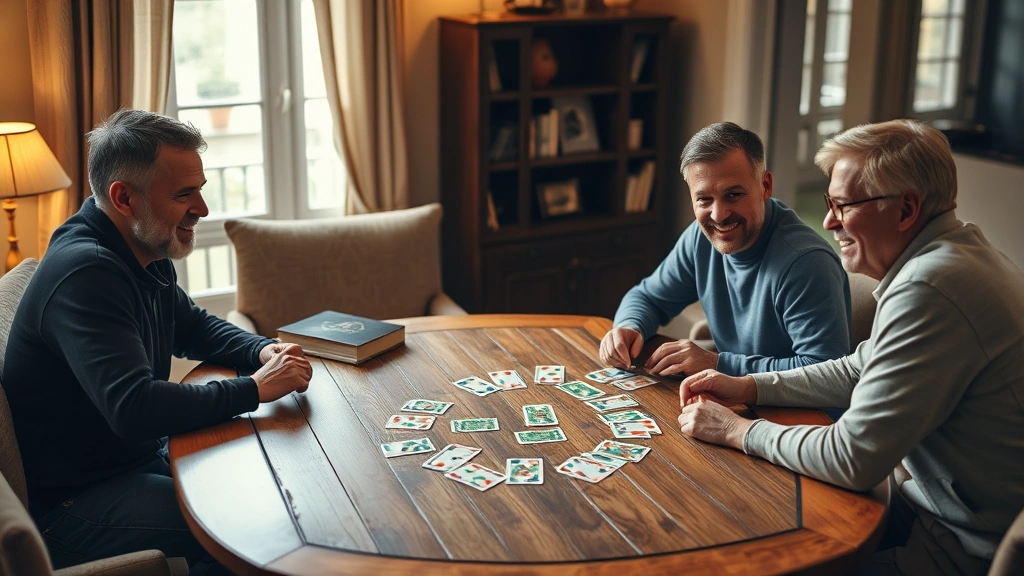 Three friends sitting around wooden table playing card games in warm living room lighting, cards spread across table, focused expressions and smiles, casual comfortable atmosphere, real photography style