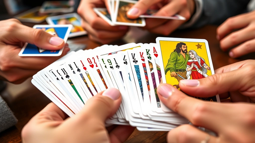 Close-up of colorful card game cards fanned out in player hands, multiple card decks visible, vibrant card illustrations, hands holding cards in strategic positions, natural daylight, detailed photography