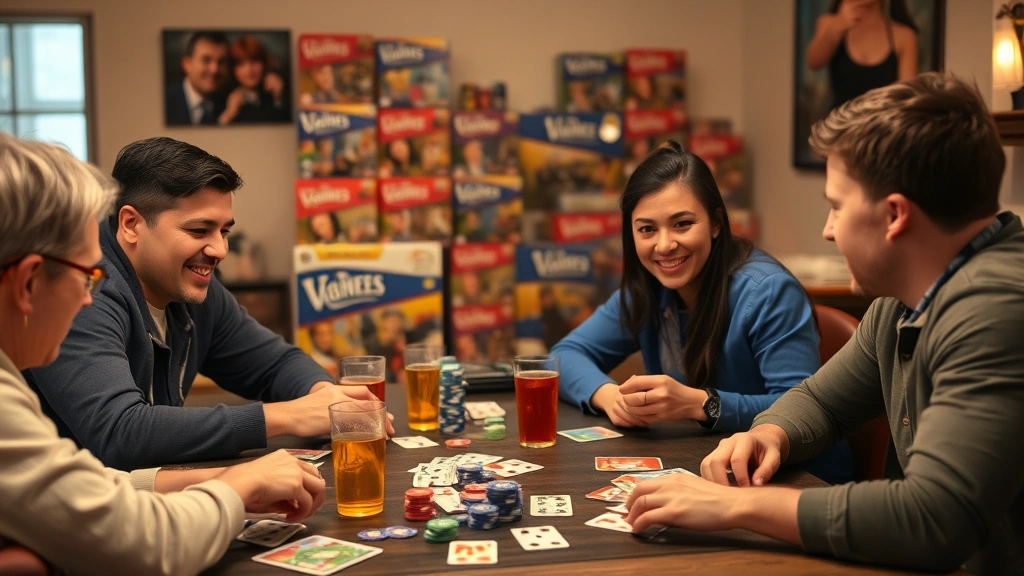 Game night scene with three players, cards, chips, and drinks on table, competitive but friendly atmosphere, diverse group enjoying cards together, indoor setting with board game boxes in background, warm evening lighting