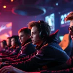 Photorealistic image of competitive gamers in intense concentration during a high-stakes tournament, sitting at gaming stations with dramatic neon lighting and tension-filled atmosphere, professional esports arena setting