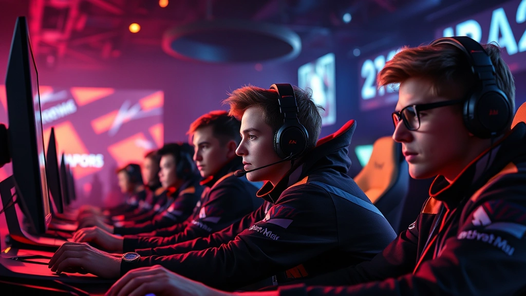 Photorealistic image of competitive gamers in intense concentration during a high-stakes tournament, sitting at gaming stations with dramatic neon lighting and tension-filled atmosphere, professional esports arena setting