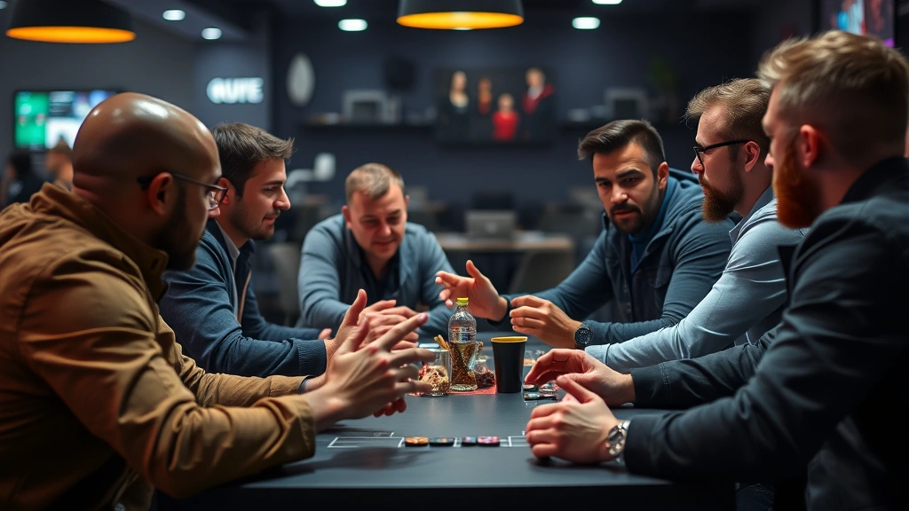 Photorealistic close-up of a diverse group of players engaged in strategic discussion around a table, showing body language and hand gestures indicating negotiation and alliance building, modern gaming lounge background