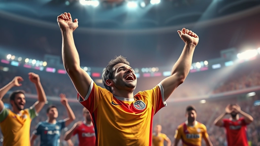Photorealistic image of a player celebrating victory with arms raised triumphantly, bright arena lights, other players visible in background showing various emotions from defeat to determination, championship moment atmosphere