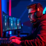 Professional esports player sitting at gaming desk with multiple monitors, intense focused expression, dramatic blue and red neon lighting, hands on mechanical keyboard mid-action, competitive gaming environment