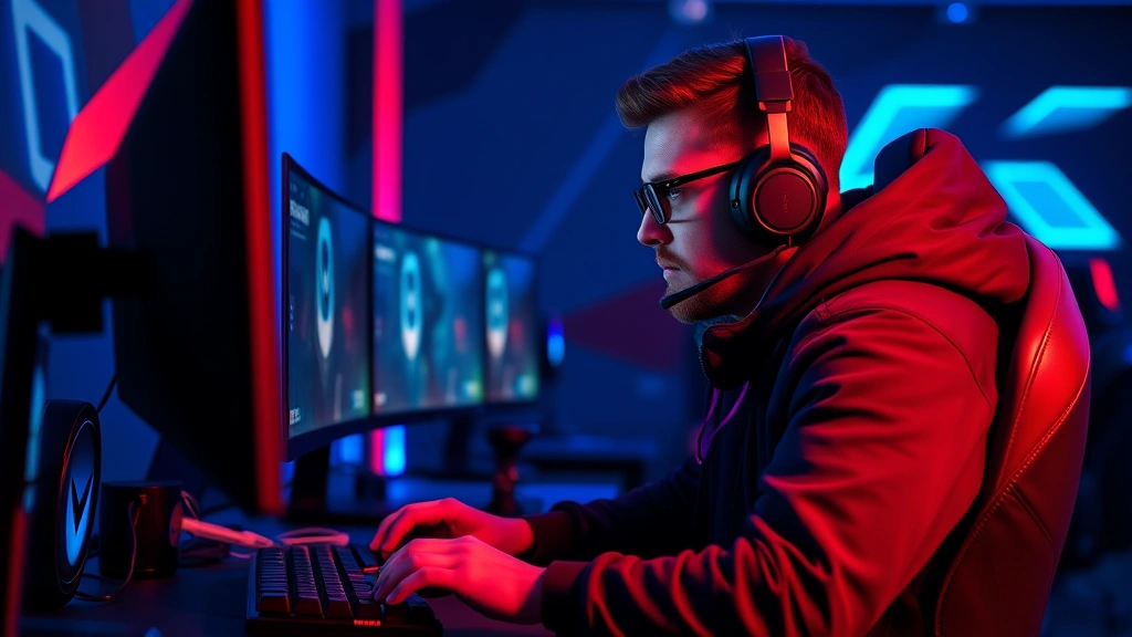 Professional esports player sitting at gaming desk with multiple monitors, intense focused expression, dramatic blue and red neon lighting, hands on mechanical keyboard mid-action, competitive gaming environment