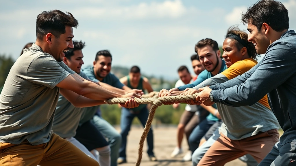 Teams of diverse players engaged in intense tug-of-war competition outdoors, synchronized pulling motion, determined expressions, natural daylight, dramatic tension captured in body language and positioning