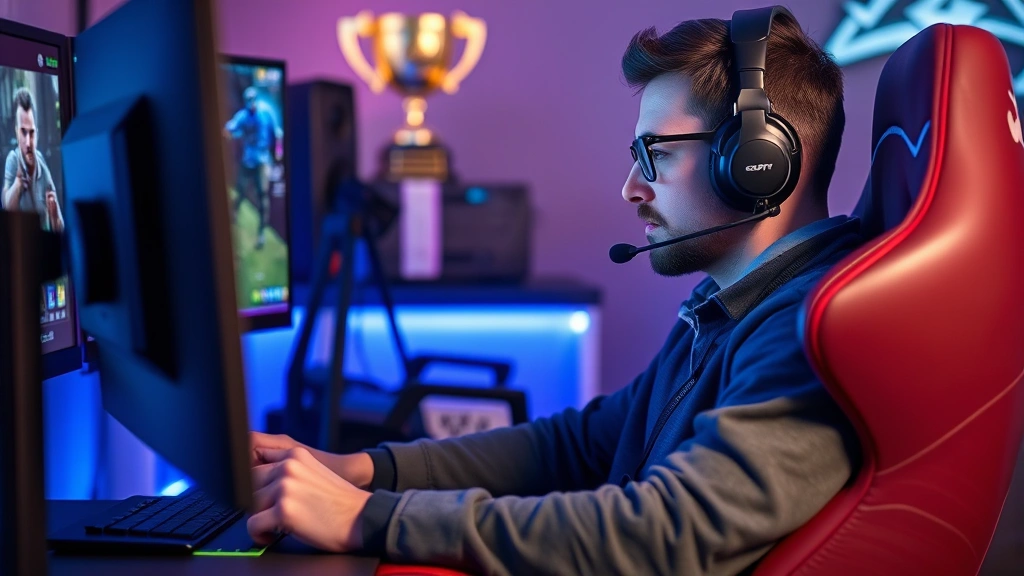 Experienced gamer in comfortable gaming chair studying gameplay footage on monitor, analytical expression reviewing strategy, trophy or achievement visible in background, professional esports setup
