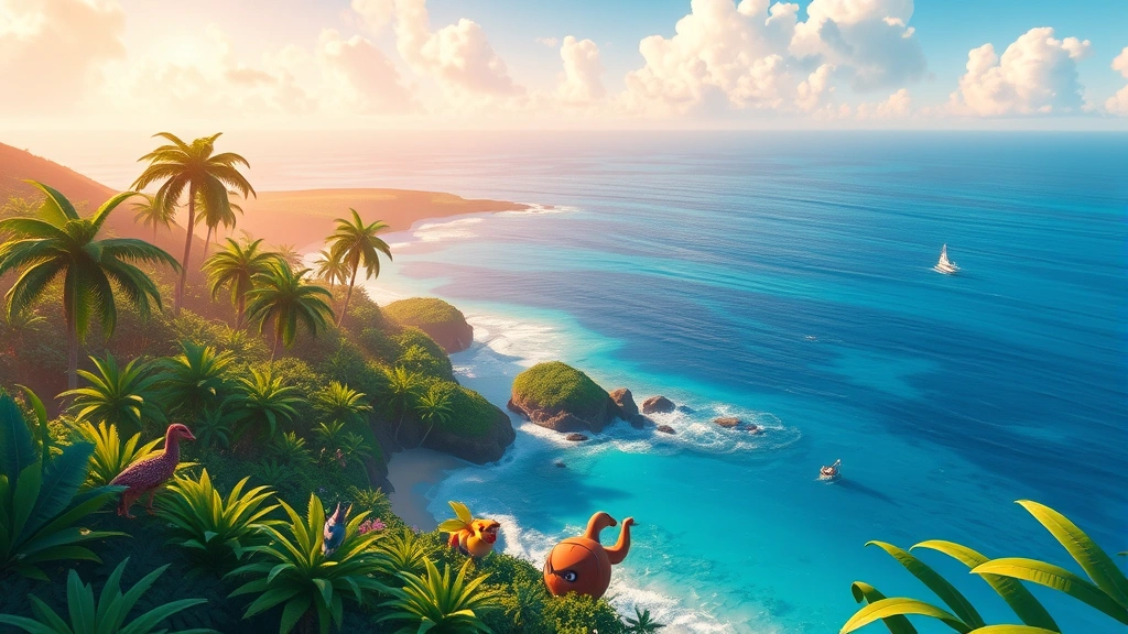 Lush tropical Alola region landscape with palm trees, crystal blue ocean, colorful Pokémon species interacting in natural habitats, warm sunset lighting, photorealistic environment design, no game menus or HUD elements