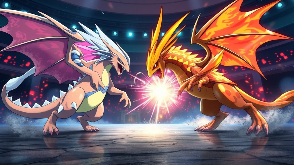 An epic Pokémon battle scene between two powerful creatures in a dynamic arena environment, intense action and energy, dramatic lighting effects, no battle interface or damage numbers visible, cinematic photorealistic composition