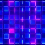 Overhead view of glowing neon grid with colorful tiles arranged in 3x3 pattern, vibrant blues and purples, abstract gaming aesthetic, digital art style