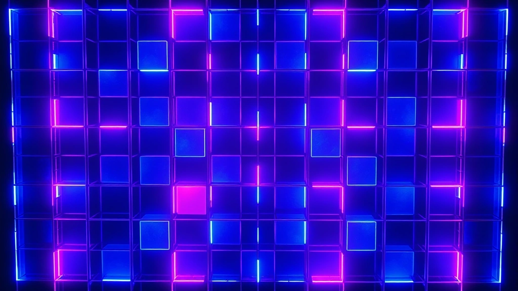 Overhead view of glowing neon grid with colorful tiles arranged in 3x3 pattern, vibrant blues and purples, abstract gaming aesthetic, digital art style