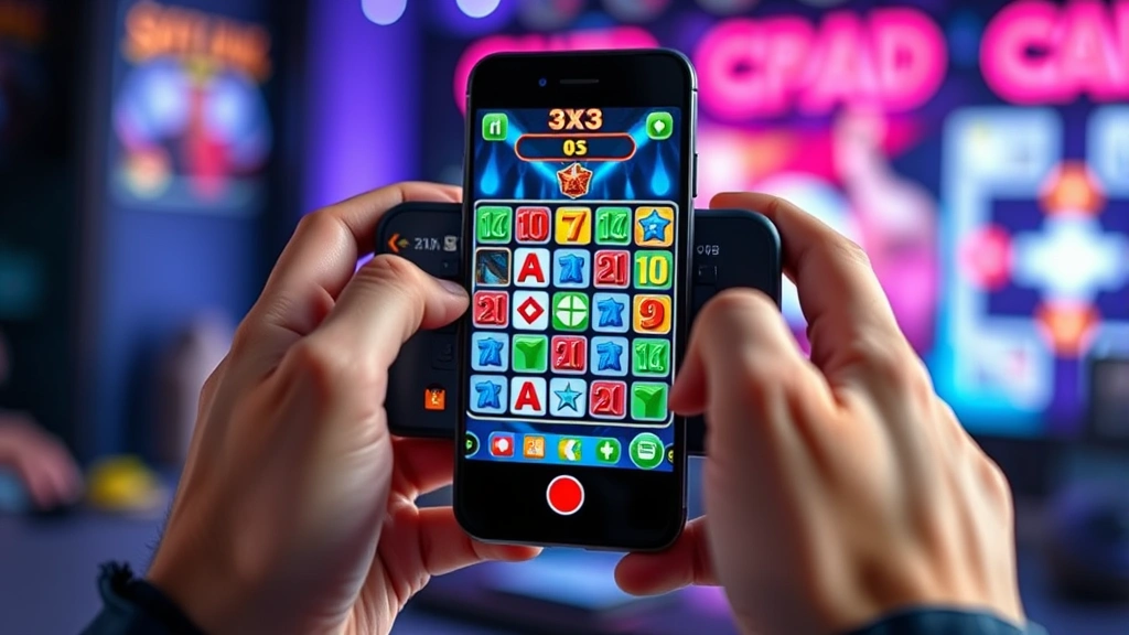 Close-up of hands holding smartphone displaying competitive 3x3 tile game in progress, intense focus, gaming environment with RGB lighting in background