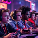 A diverse group of gamers intensely focused on their controllers during a high-stakes competitive gaming tournament, faces showing concentration and tension, modern gaming arena with RGB lighting