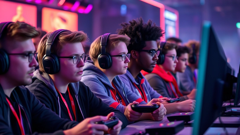 A diverse group of gamers intensely focused on their controllers during a high-stakes competitive gaming tournament, faces showing concentration and tension, modern gaming arena with RGB lighting