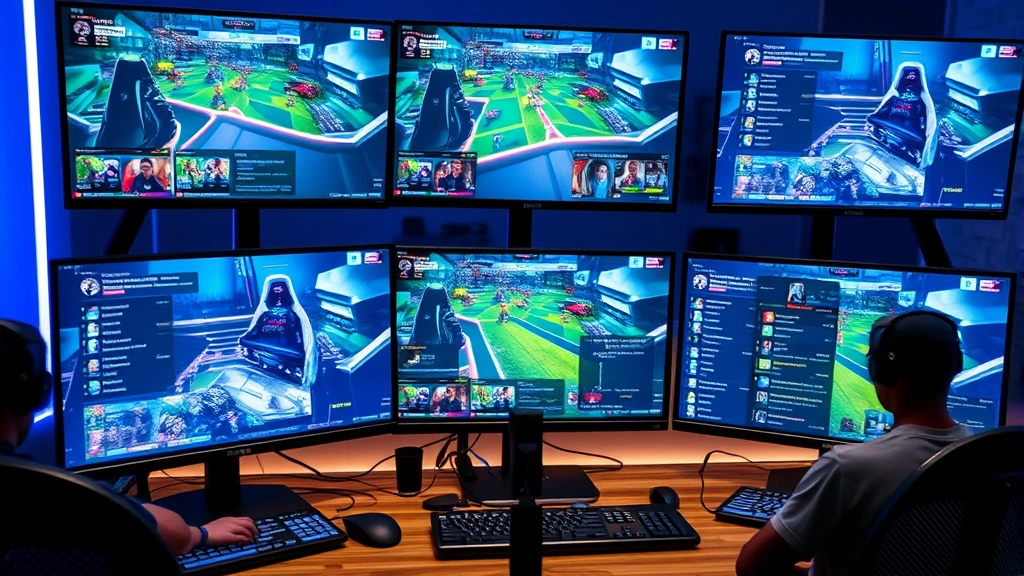 A streaming setup with multiple monitors displaying competitive gameplay, chat interactions visible on screens, showing the intersection of gaming content creation and competitive esports culture