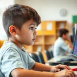 A student at a school computer during lunch break playing a colorful puzzle game, bright classroom setting with natural light, focused expression, modern monitor, casual school environment