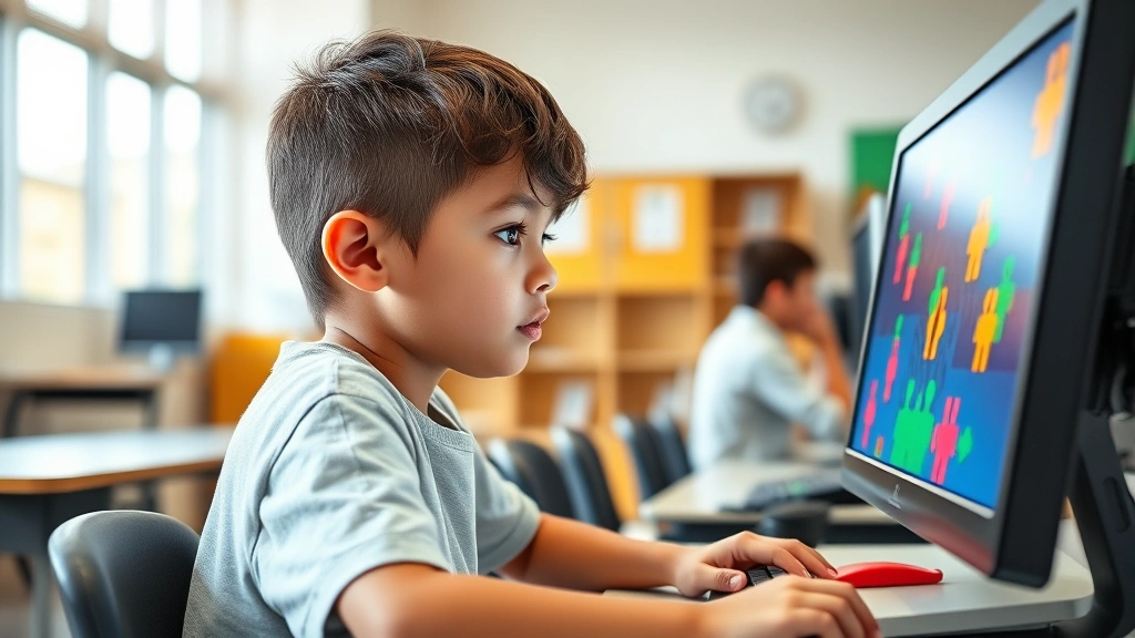 A student at a school computer during lunch break playing a colorful puzzle game, bright classroom setting with natural light, focused expression, modern monitor, casual school environment