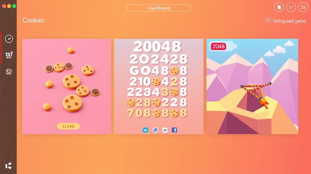 A split-screen showing different unblocked game interfaces: a cookie clicker game, a 2048 puzzle grid, and a slope obstacle course, vibrant colors, clean minimalist design, gaming dashboard aesthetic