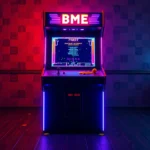Retro 1980s arcade cabinet with glowing neon lights and colorful pixel-art screen displaying classic game, surrounded by arcade tokens on dark wooden floor, photorealistic arcade machine in vintage game room setting
