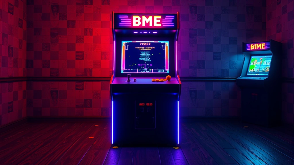 Retro 1980s arcade cabinet with glowing neon lights and colorful pixel-art screen displaying classic game, surrounded by arcade tokens on dark wooden floor, photorealistic arcade machine in vintage game room setting