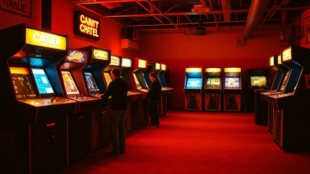 Multiple vintage arcade cabinets lined up in a row with bright neon signage, players silhouetted against glowing screens, authentic 1980s arcade hall atmosphere with warm arcade lighting and worn carpeting