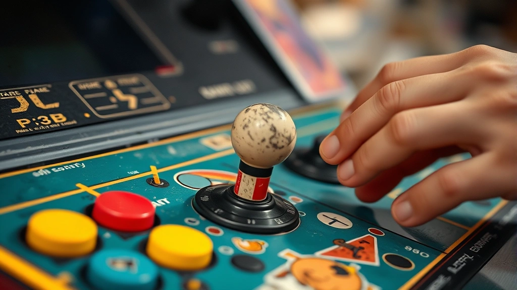 Close-up of weathered arcade joystick and colorful button controls on cabinet panel, hands reaching toward controls, vintage arcade hardware detail shot showing authentic wear and nostalgic gaming equipment
