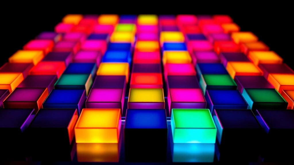 Close-up of colorful 3x3 grid squares glowing softly on dark background, abstract geometric puzzle game interface, vibrant neon colors reflecting off glossy surfaces, professional gaming setup perspective